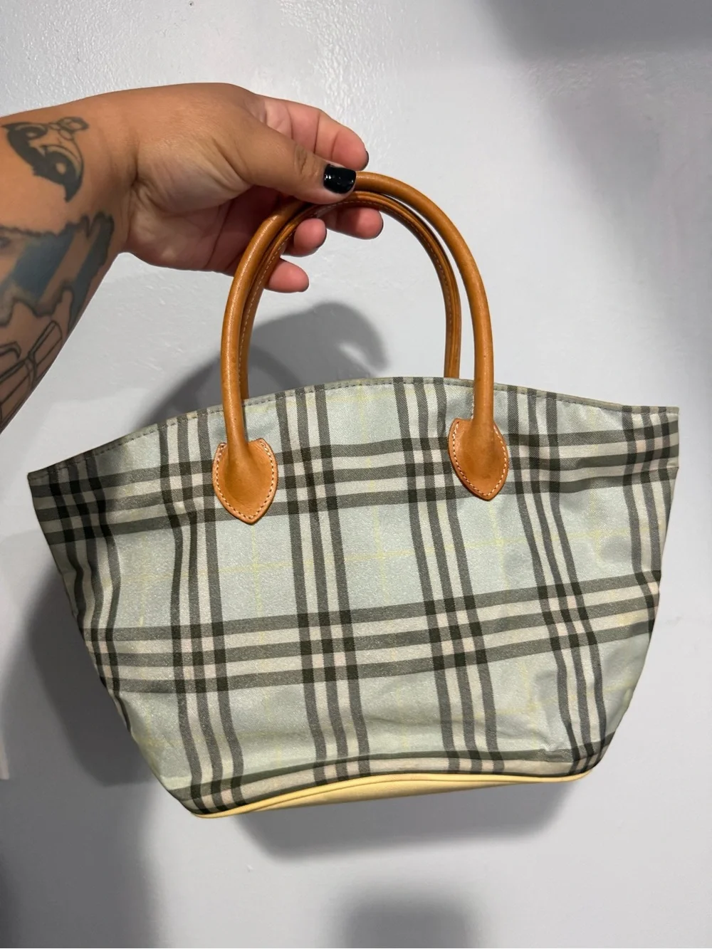 Burberry Classic Plaid Mini Tote Bag with Tan Leather Handles
